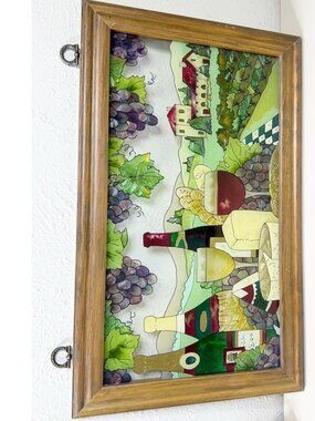 VTG Joan Baker Frame 13x22 Wine & Cheese Tiffany Style Stained Glass Hanging EUC